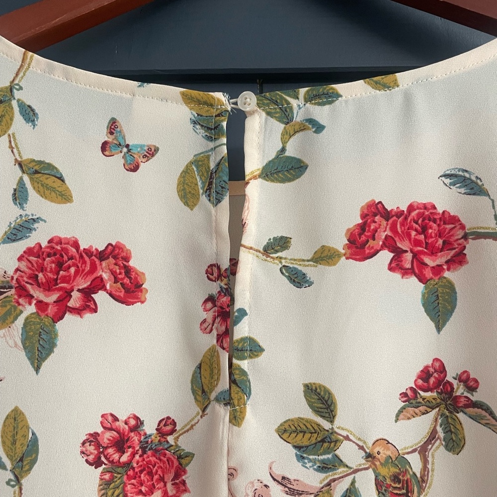 LC Lauren Conrad + Disney Cream Blouse with Pink Floral & Blue Bird Print - Picture 7 of 7